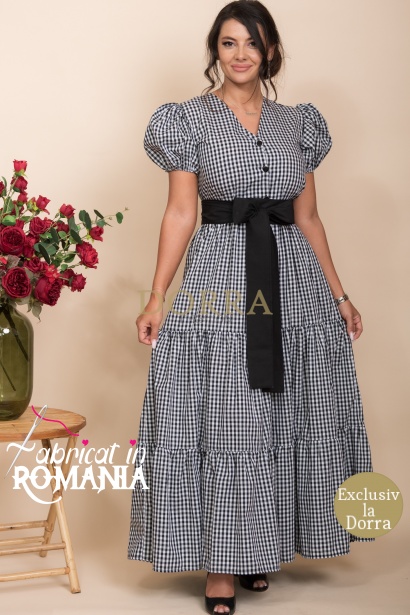 Rochie lunga Ottawa din bumbac cu carouri, nasturi si cordon